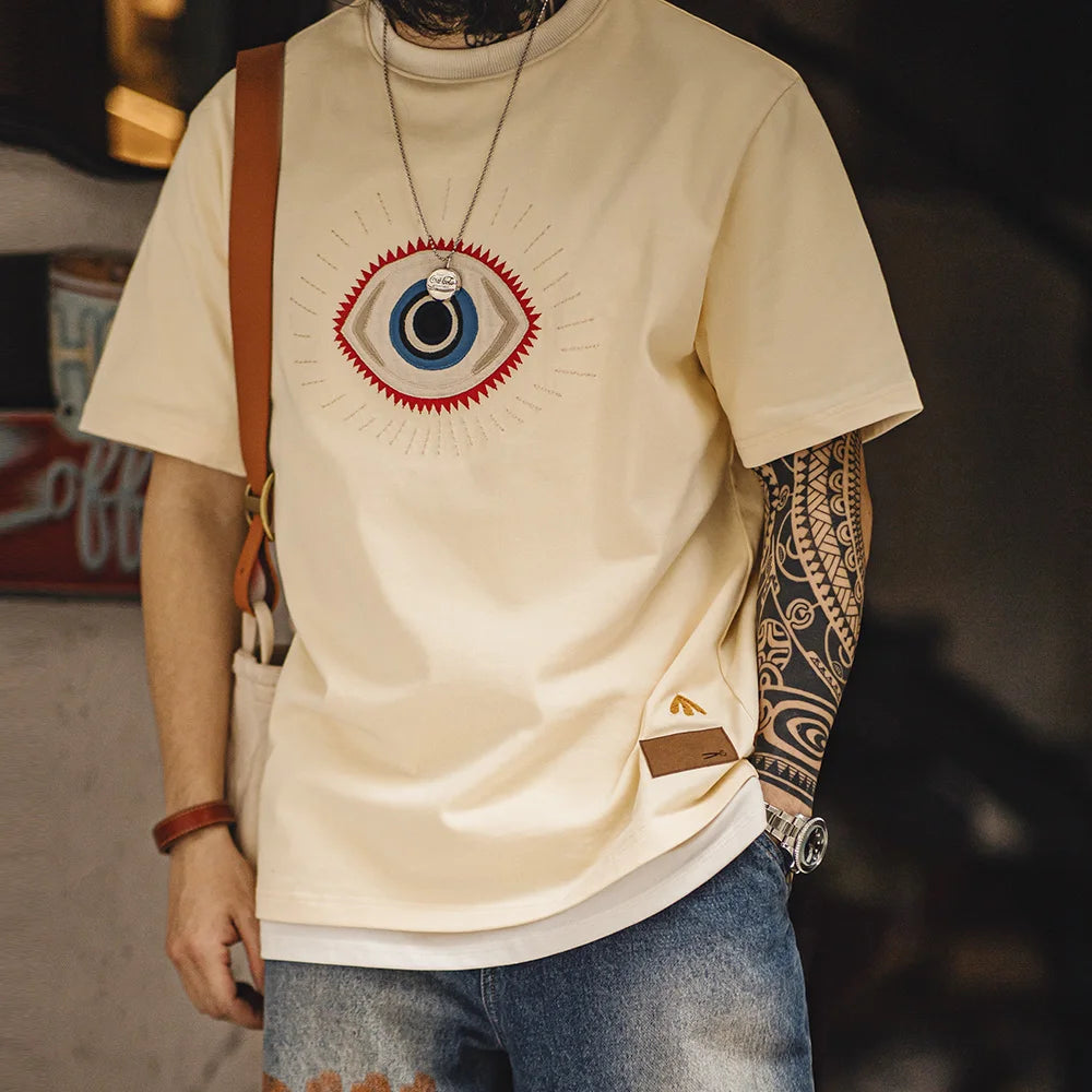 Maden Retro Guardian Eye Embroidered T-shirt with Ribbed Crew Neck 300g/m² Heavy Cotton Short-sleeved Tee for Men's Summer Top