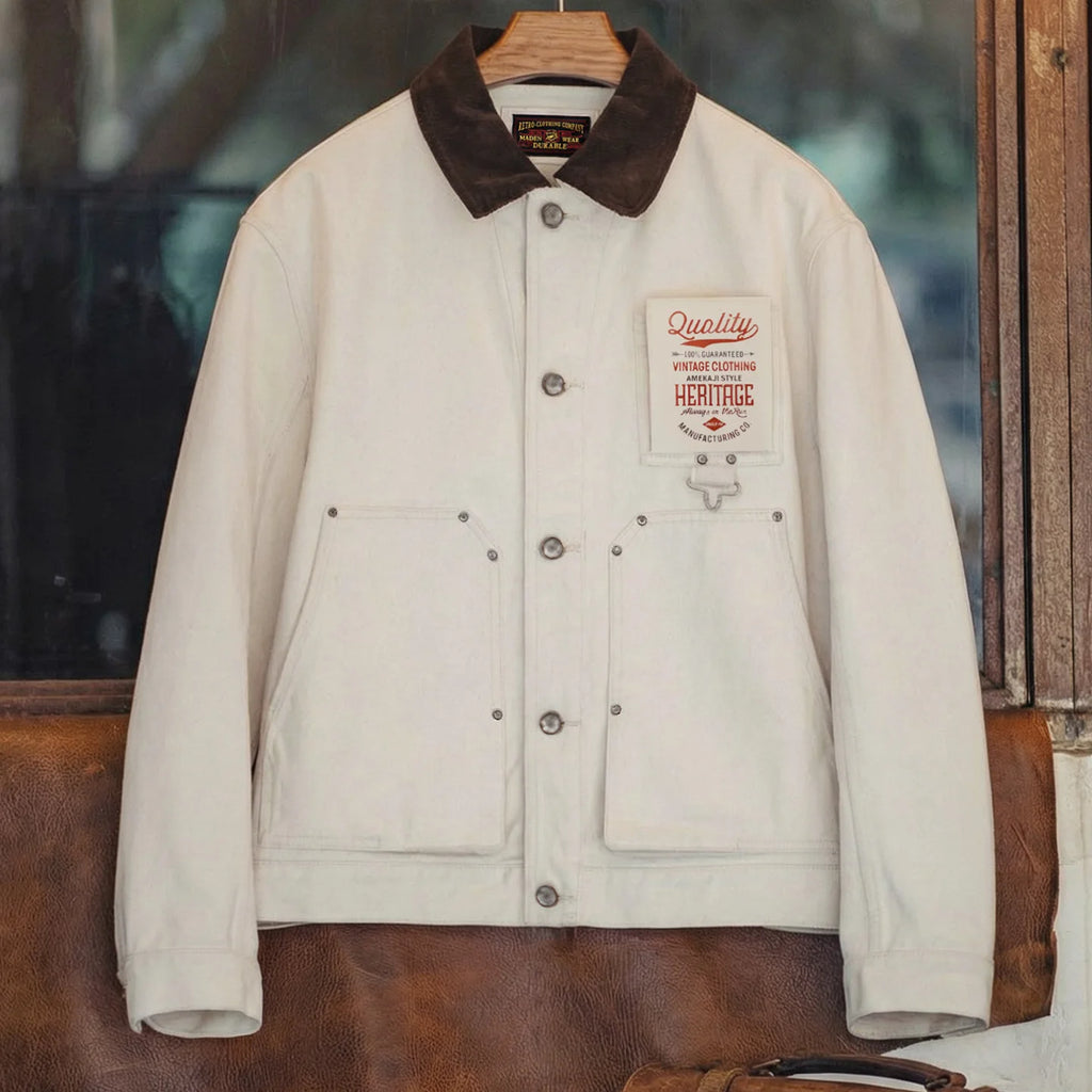 Maden Men's Retro French J22 Jacket Heavyweight White Cottonseed Shell Safari Coat Corduroy Collar Spring/Fall Hunting Outerwear