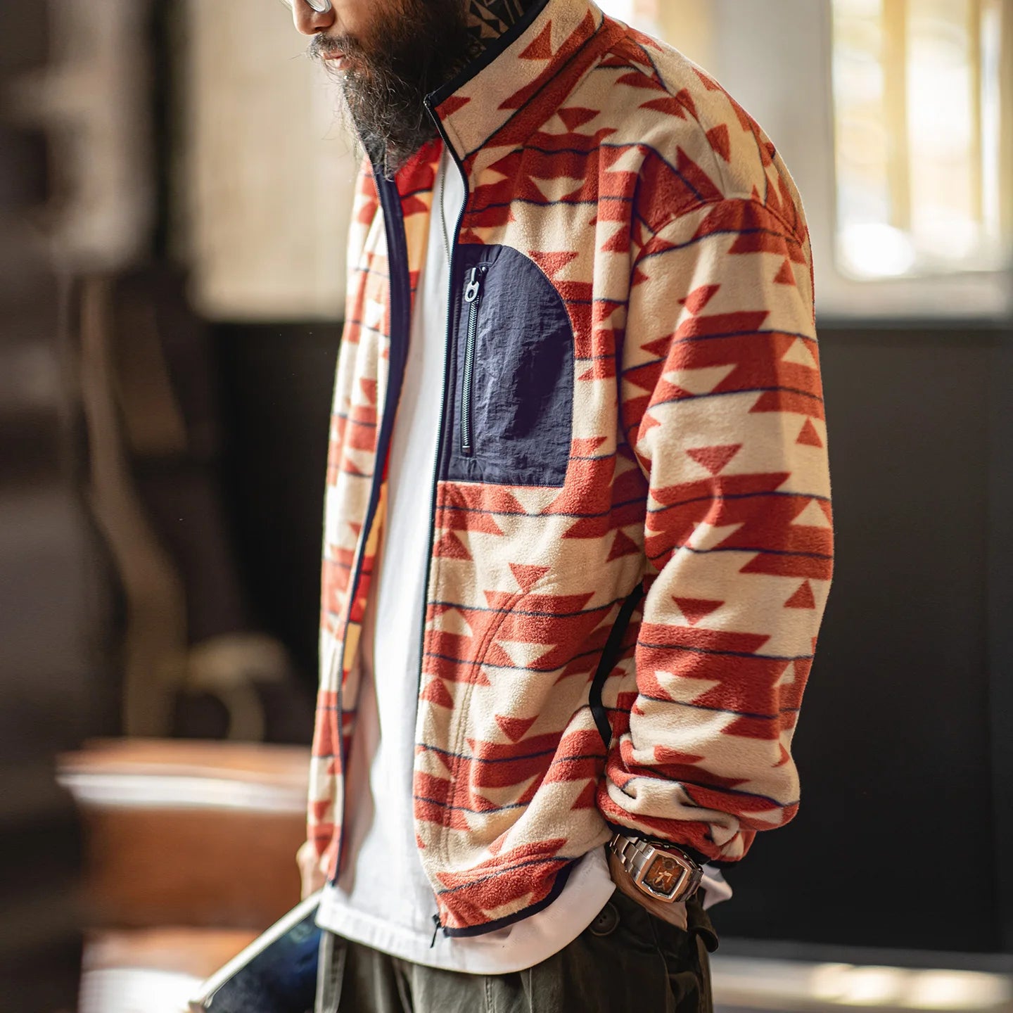 Maden Men's Vintage Navajo Polar Fleece Jacket Stand Collar Zip-Up Patchwork Sweatshirt Warm Cardigan for Spring and Autumn Coat