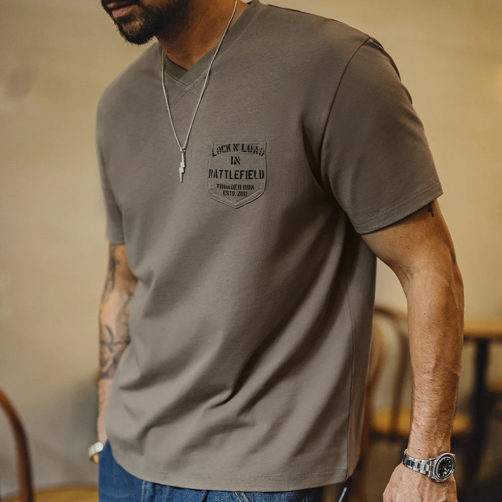Maden Vintage Military Print Chest Pocket Short Sleeves T-Shirt Ribbed V-Neck 100% Cotton Men's Summer Tee Casual Street Tops