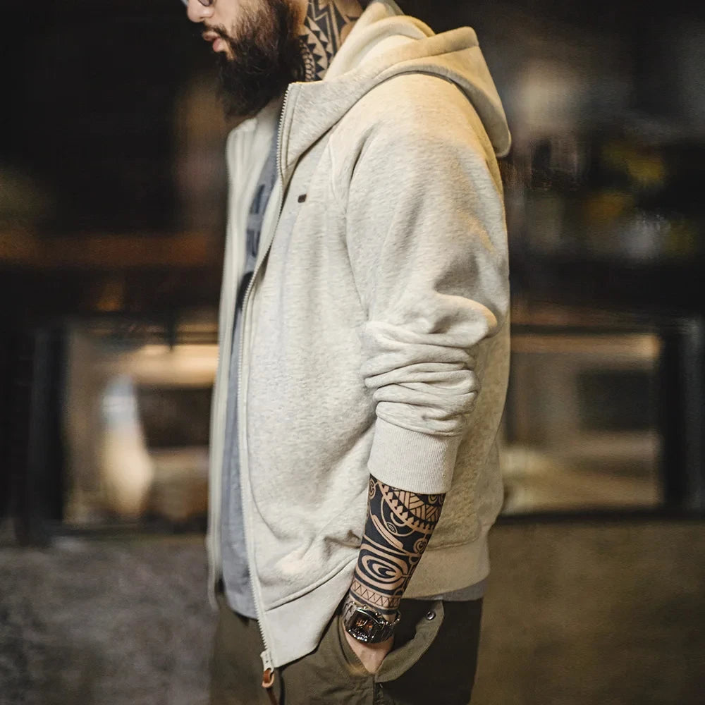 Maden Gray Hooded Sweatshirt for Men Polar Fleece Lining Thickened Warm Zippered Sports Cardigan Autumn and Winter Outer Jacket