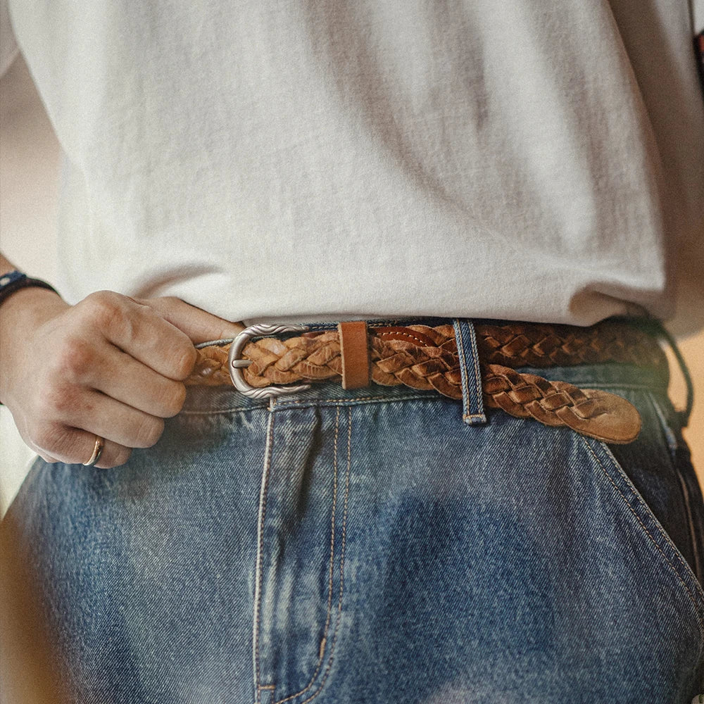 Maden Vintage Belt Woven Vegetable Tanned Cowhide Leather Belt Accessories with Two-layer Cowhide for Men's Versatile Brown Belt