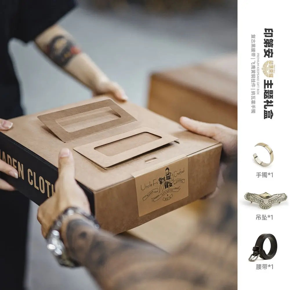 Maden Vintage Gift Set Black Genuine Leather Belt Navajo Cuff Open-Ended Bracelet Indian Eagle Pendant Necklace Gifts for Lover