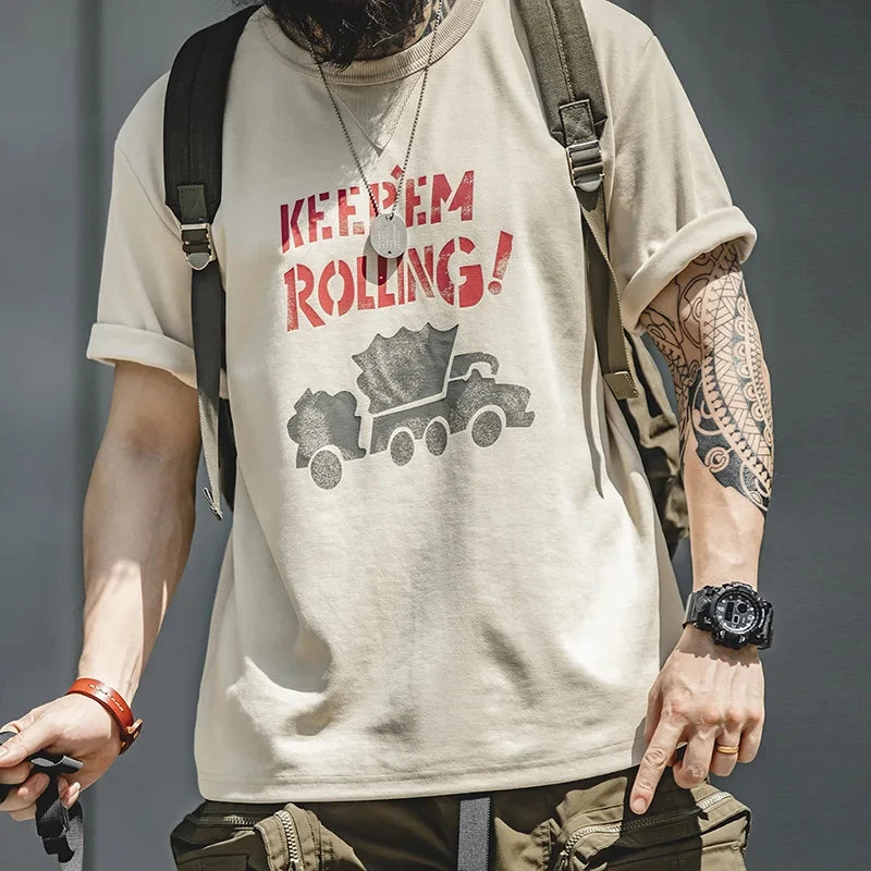 Maden Maden Summer Men's Beige Short Sleeve T-Shirts Vintage Graffiti Letter Car Print Tees Heavyweight Casual  Tops for Men