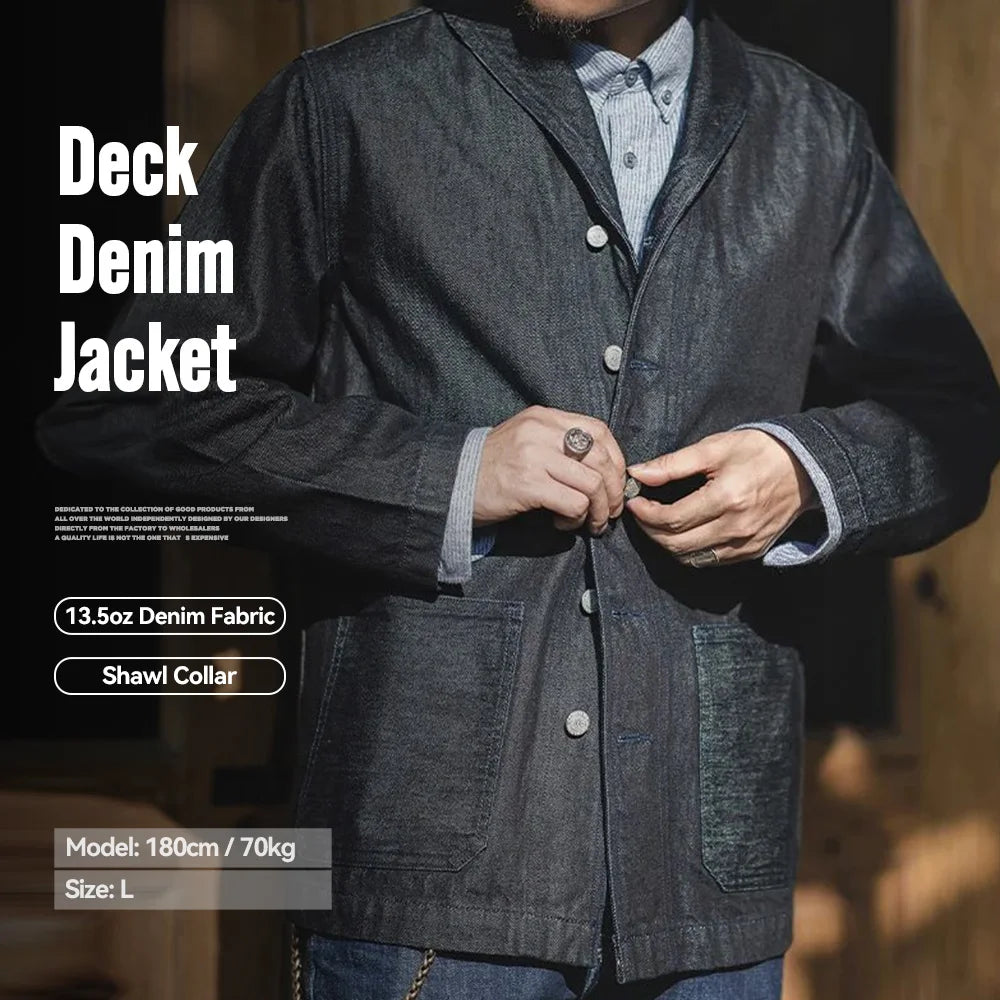 Maden Vintage 13.5oz Denim Jacket for Men Classic Solid Color Collar Cotton Hunting Style with Pockets Coat for Autumn Blazers