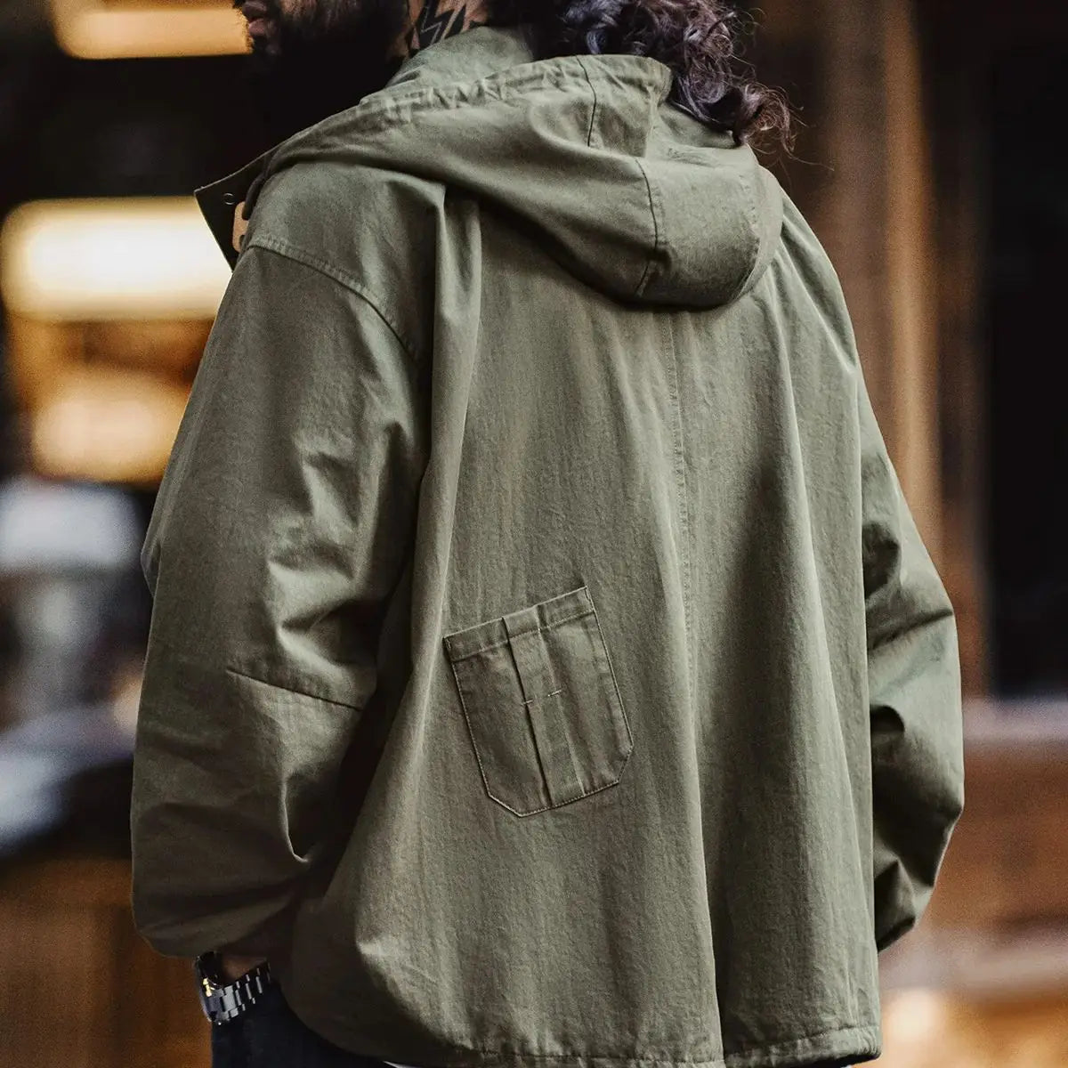 Maden Vintage Green M51 Hooded Jacket Loose Fishtail Short Overcoat Men's Versatile Outwear with Pockets Hidden Button Placket