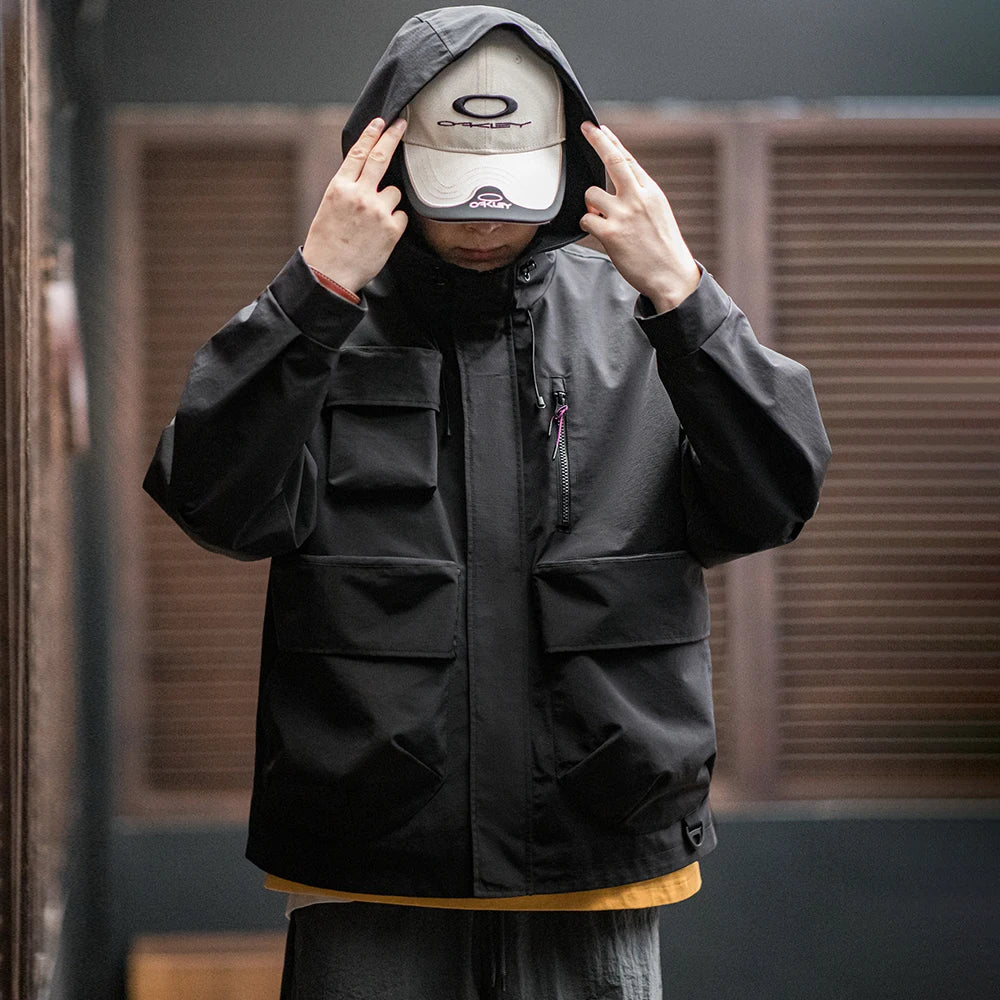 Maden Casual Multi-Pocket Functional Hooded Jacket Black Loose Outdoor Sports Coat for Men's Spring and Autumn Versatile Jacket