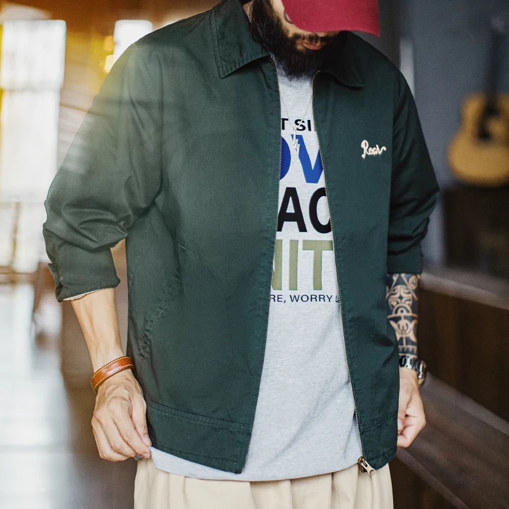 Maden Men's Vintage Tiger Embroidery Jacket Heavyweight Cotton Zip-Up with Lapel Collar Green Casual Overcoat for Spring Fall