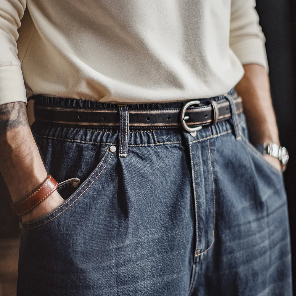 Maden Men's Vintage Black Leather Belt Full-Grain Vegetable-Tanned Cowhide Belt Antique Burnished Finish Single Prong Jeans Belt