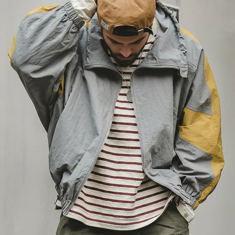 Maden Casual Detachable Double Zipper Patchwork Jackets Stand-up Collar Loose Fit Letter Jacket For Men's Spring and Fall Coat