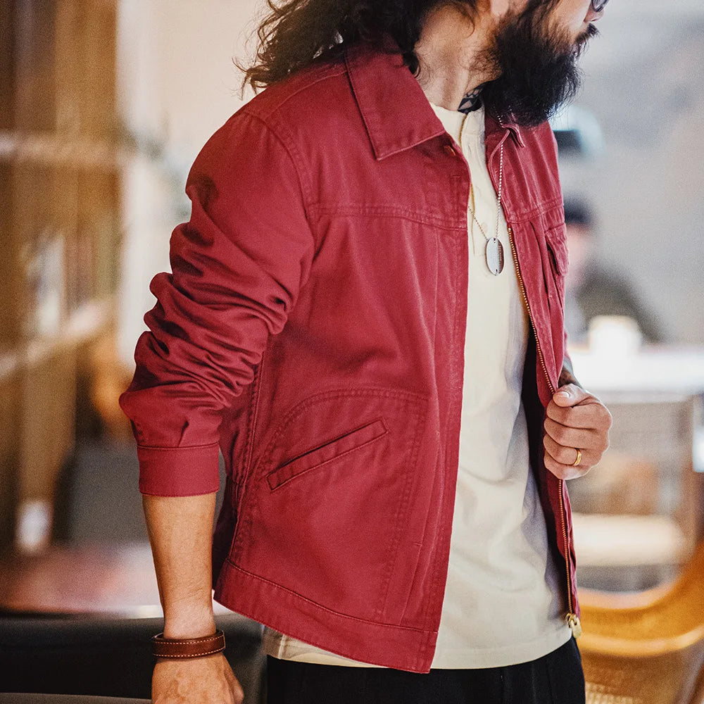 Maden New Vintage Heavy-Duty Letter Embroidered 12MJZ Jacket Red Slim-Fit Canvas Lapel Coat Men's Spring Zip-Up Casual Outerwear