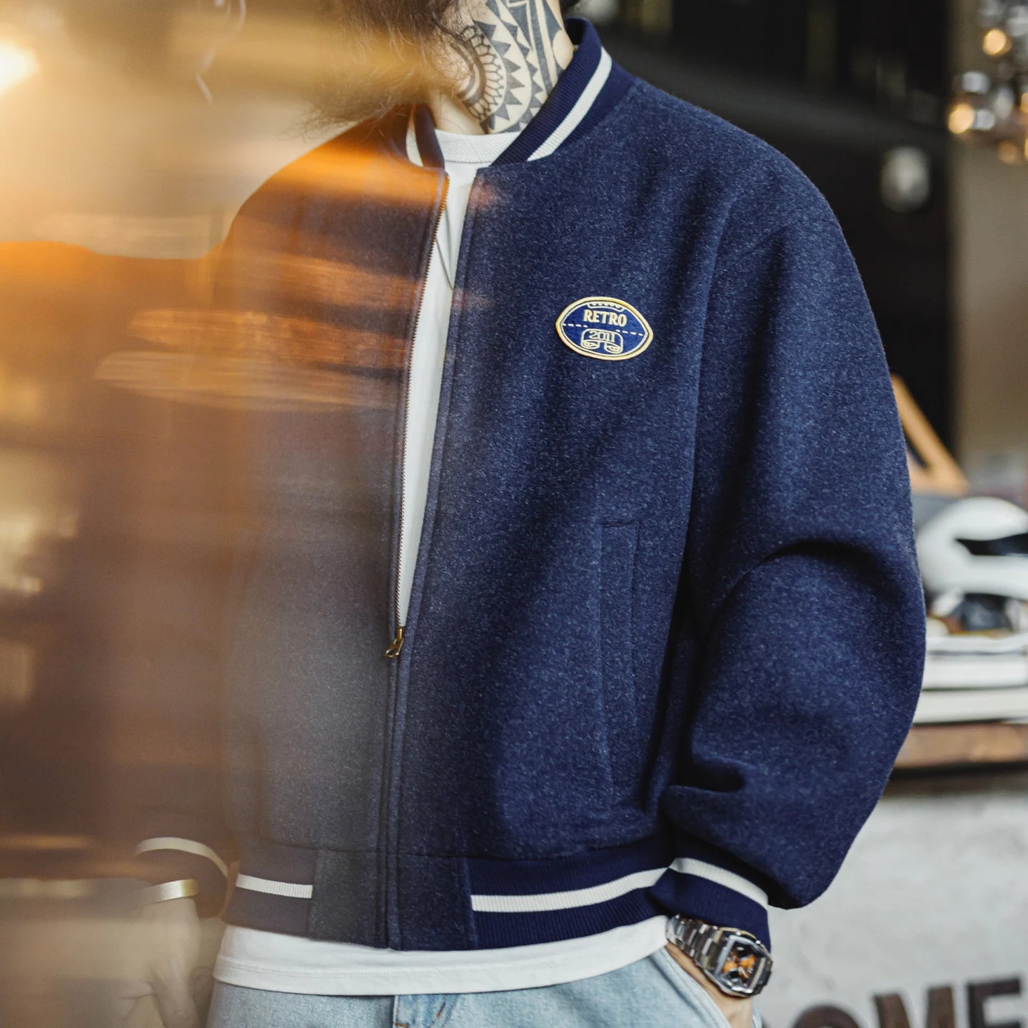 Maden Vintage Men's Blue Baseball Jacket Contrast Embroidery Knit Varsity Coat Short Zip-up Outerwear for Fall Winter Streetwear