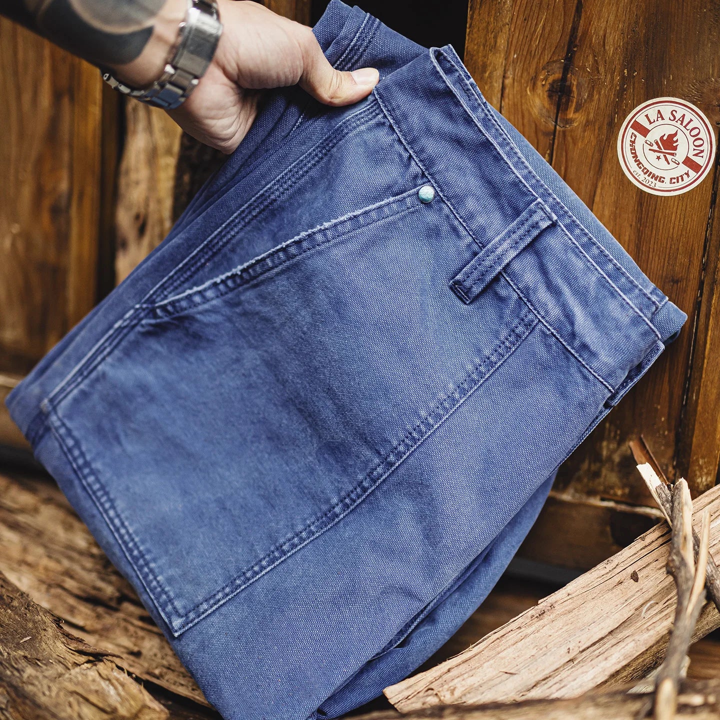 Maden Men‘s Vintage Washed Denim Jeans Blue Cotton Canvas Workwear Zipper Pants Loose Fit Casual Trousers for Spring and Autum