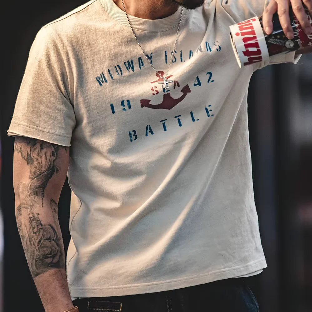 Maden Vintage Letter Print Cotton Short Sleeve T-Shirt Men's Summer Loose Fit Ribbed Crew Neck Tee Casual Street Tops for Daily