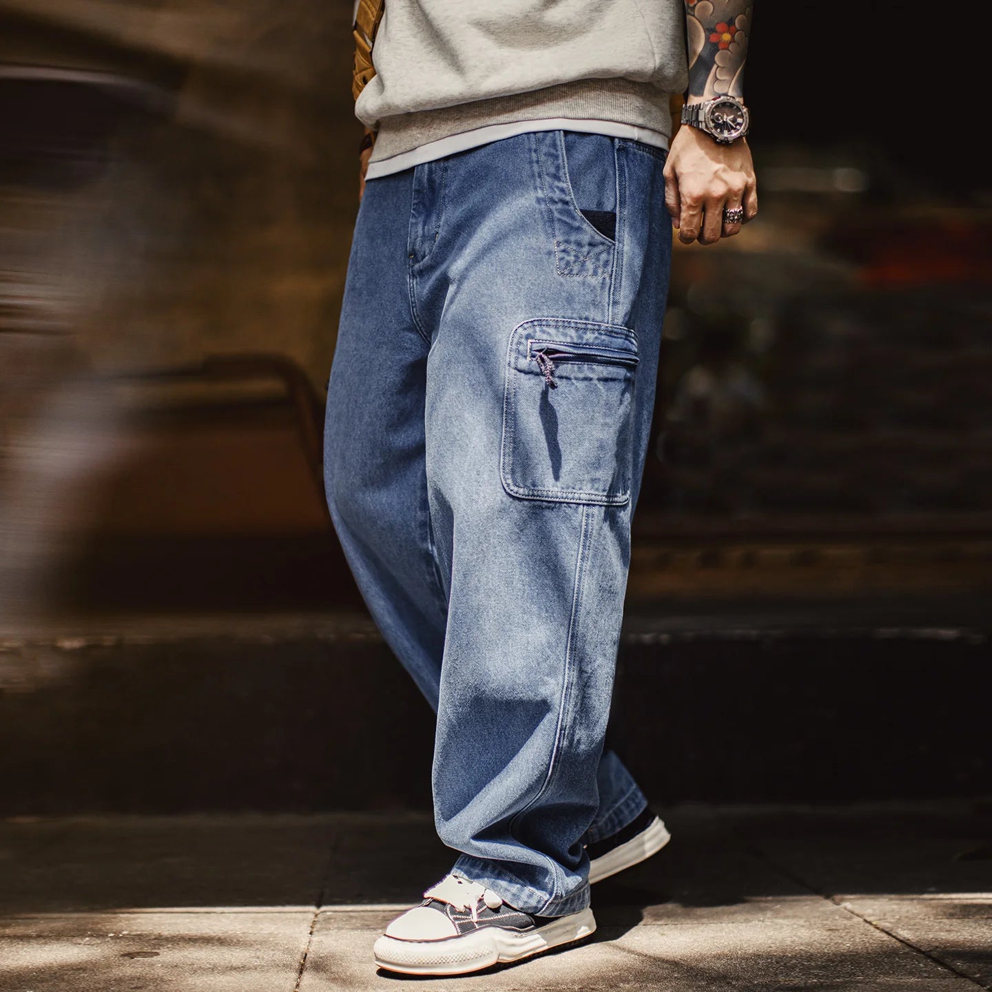 Maden Men's Vintage 10.5oz Washed Denim Jeans Loose Fit Cargo Pocket Workwear Pants Casual Blue Trousers for Spring and Autumn