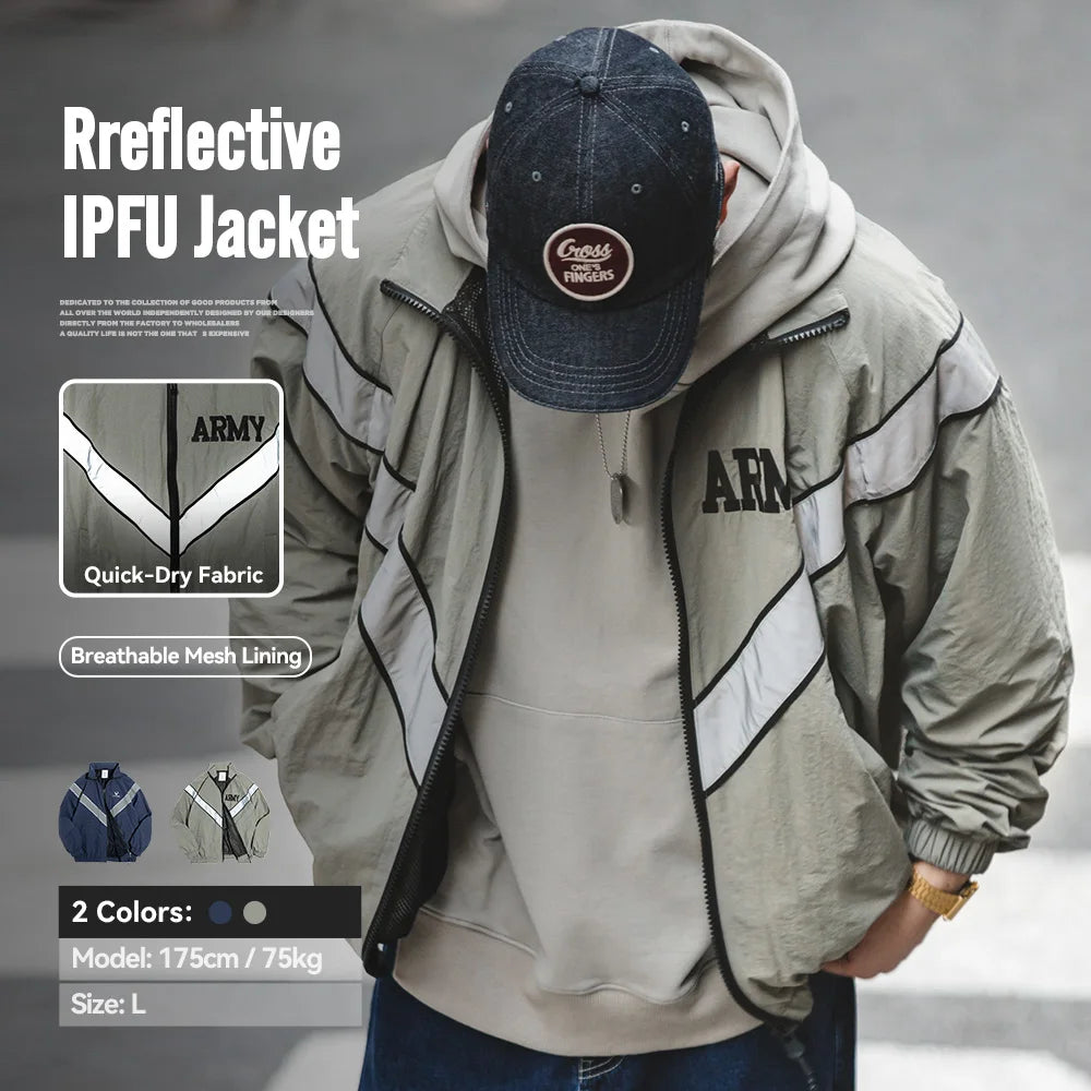 Maden Bomber Jackets For Men Vintage Training Coat Vibe Wind Reflective Hooded Quick-drying Jacket Male Blue