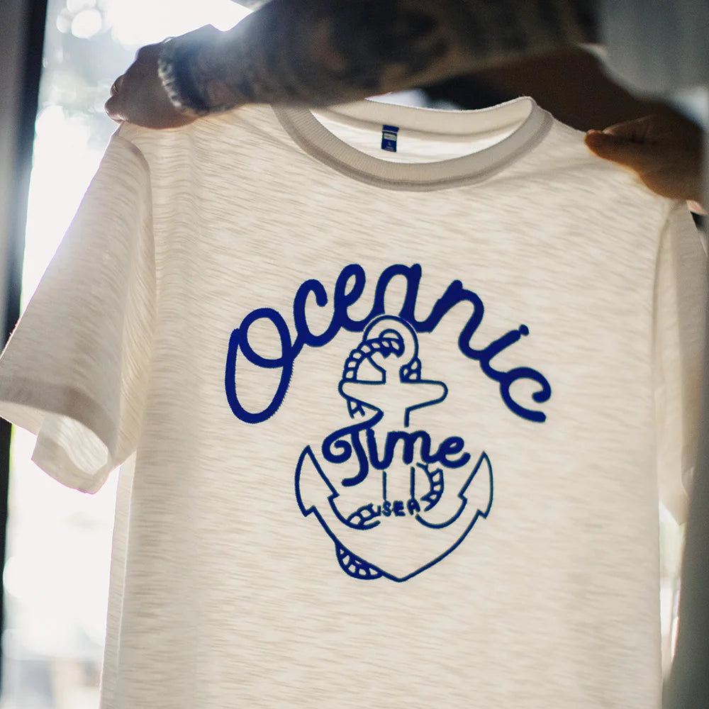 Maden Vintage Embroidered Short Sleeves T-Shirt Men's Summer Beige Slub Cotton Crew Neck Tee Heavyweight Loose Breathable Tops