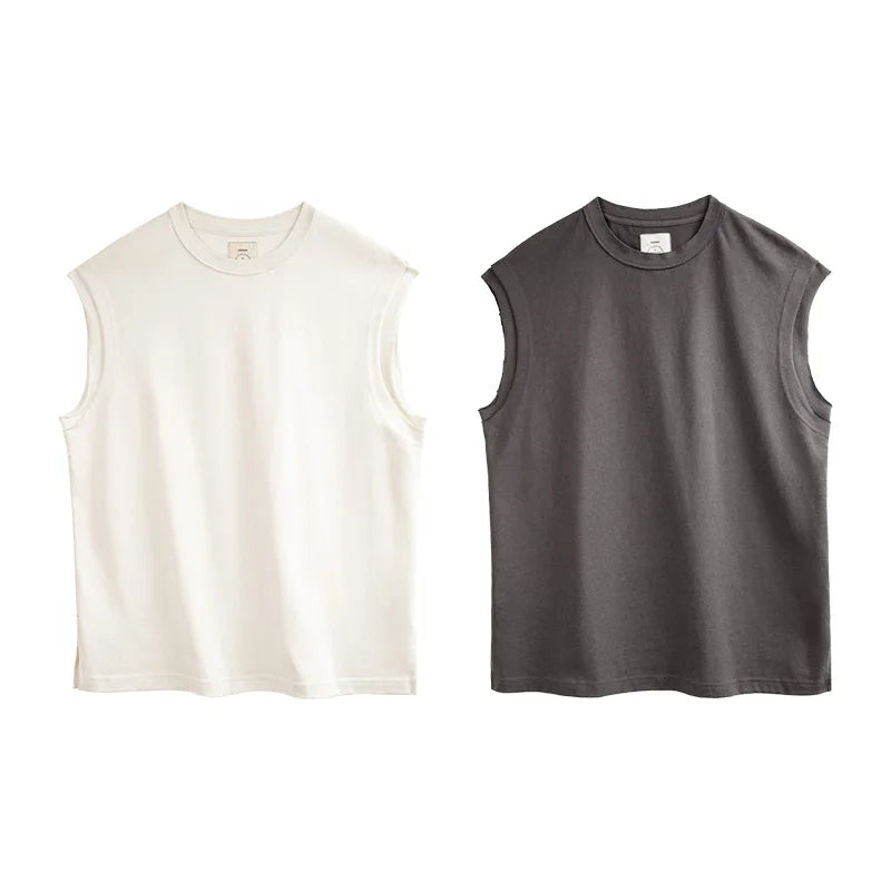 Maden Vintage Heavyweight Knitted Broad Shoulder Vest Sports 100%Cotton Solid Color Sleeveless T-shirt for Men's Summer Tops Tee