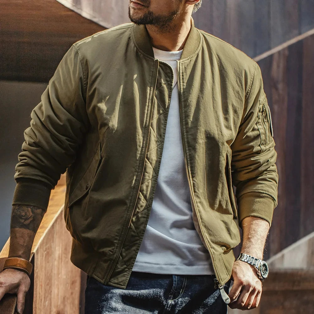 Maden Reversible MA-1 Flight Jackets for Men Baseball Collar Small Square Texture Fall and Winter Thickened Coats Cotton Jacket