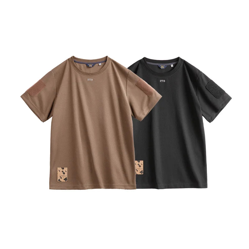 Maden Men's Short Sleeve T-Shirts with Badge attaching Design Breathable Sweat wicking Training Tees Casual Tops for Summer