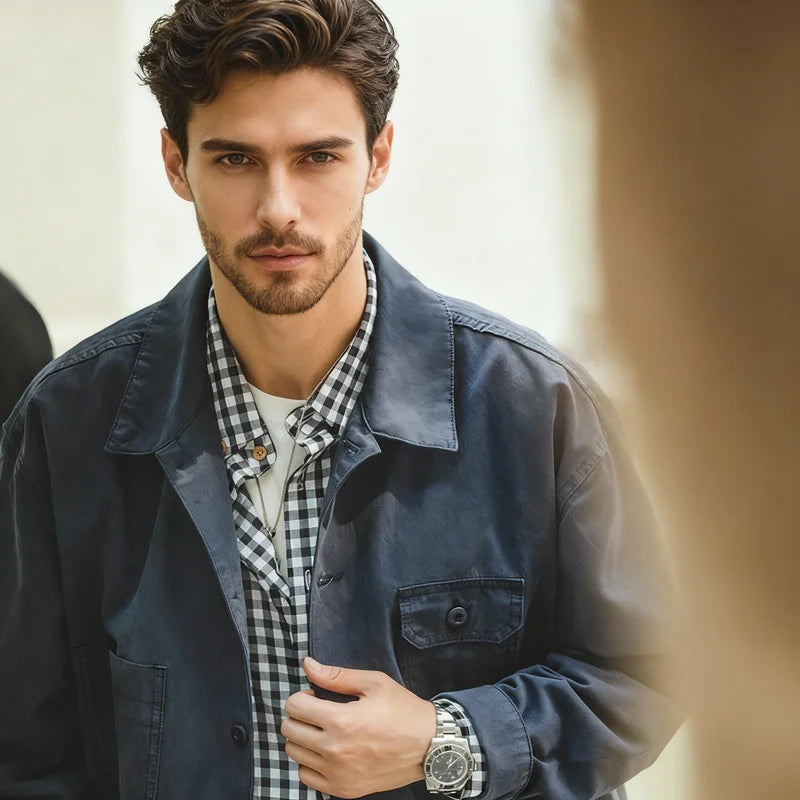 Maden Retro French Jacket Multi-Pocket Lapel Navy Heavyweight Single-breasted Hunting Coat for Men's Spring and Autumn Tops