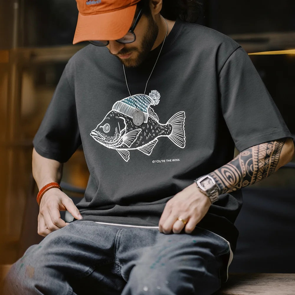 Maden Vintage Flocked Print Short-sleeved T-shirts Animal Pattern Cotton Round Neck Tops for Men's Summer Casual Loose Fit Tee