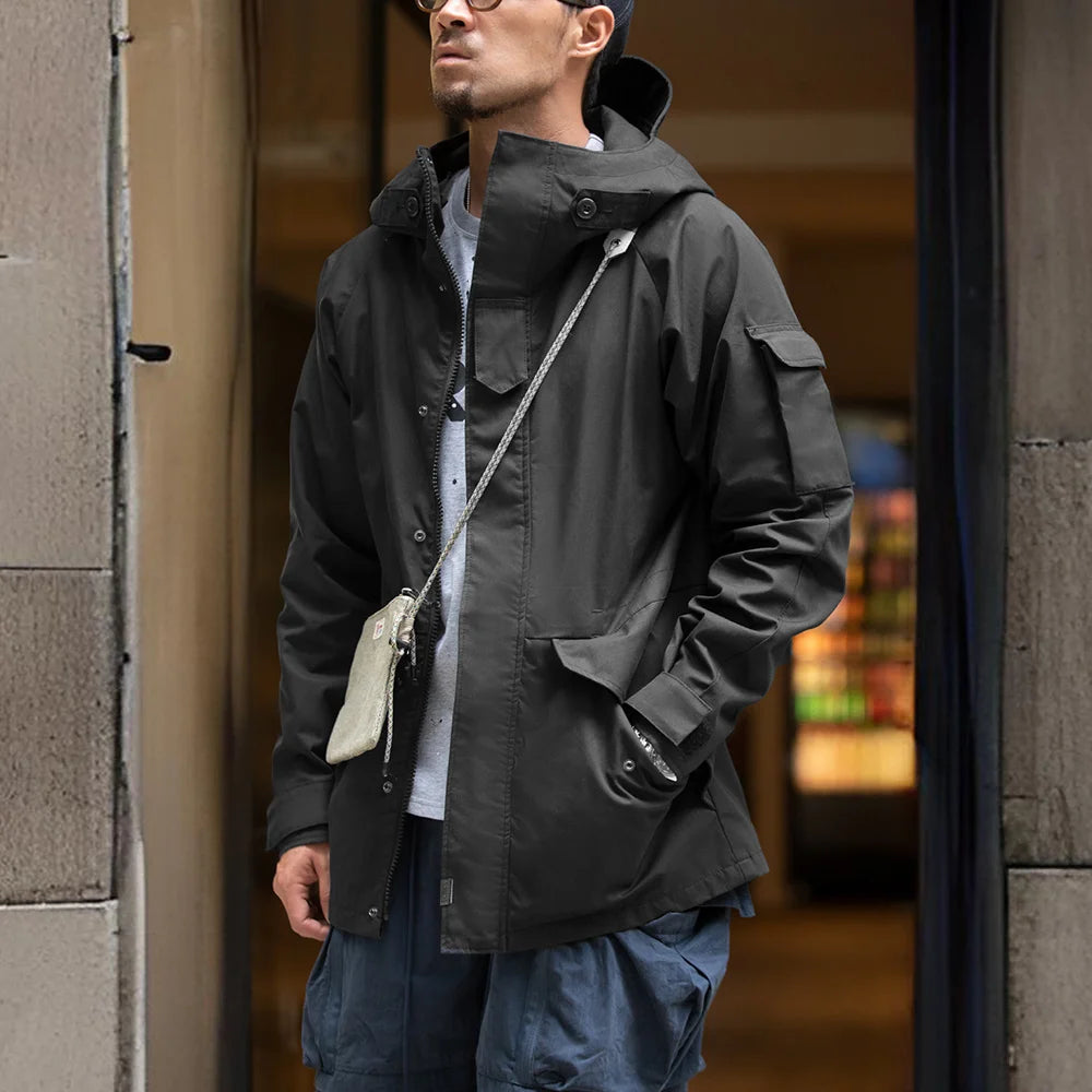 Maden Outdoor Sports Hooded Jacket for Men Black Windbreaker Motorcycle Style Mid-length with Multi-pockets Coat for Autumn