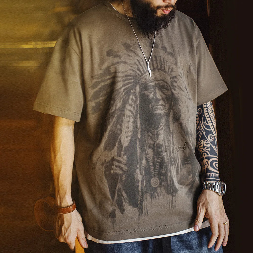 Maden Vintage Navajo Print Short Sleeve T-Shirt Men's Summer Heavyweight Cotton Tee Letter Embroidered Loose Fit Crew Neck Tops