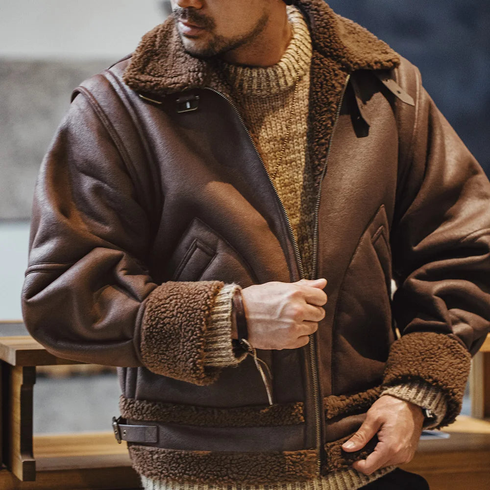 Maden Vintage B3 Bomber Jacket Faux Leather Jacket Fleece-lined Thickened Warm Motorcycle Solid-color Outerwear for Men's Winter