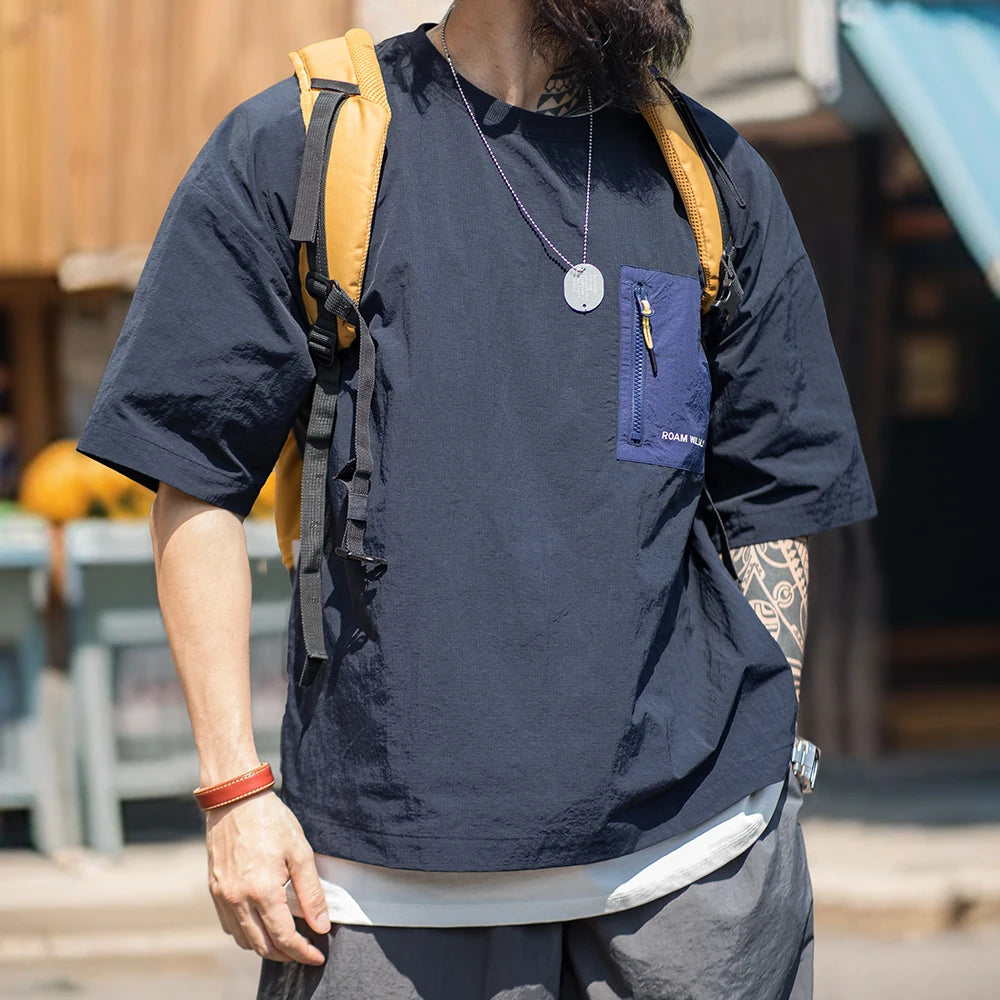 Maden Outdoor Thin Splicing Pocket Design Short-sleeved T-shirt  Polyamide with Breathable Half-sleeved T-shirt for Men's