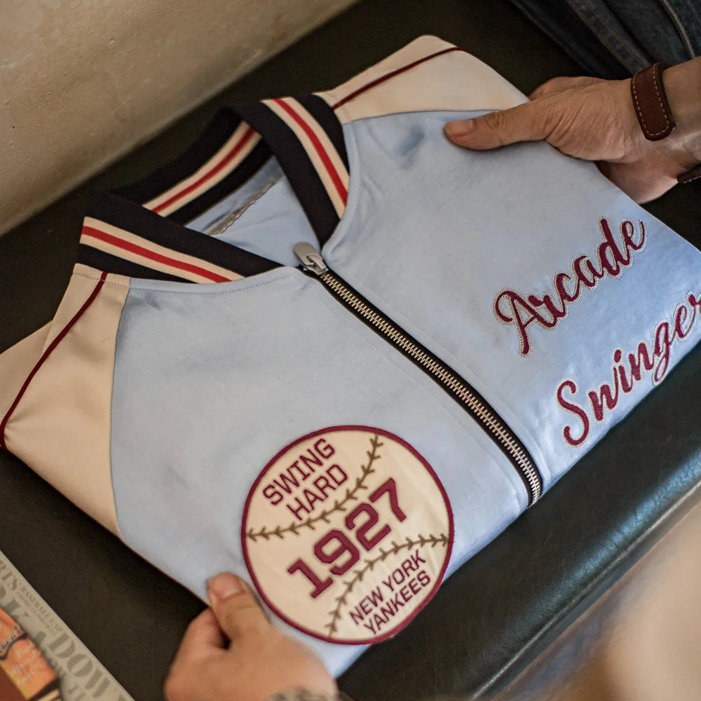 Maden Men Vintage Embroidered Souvenir Jacket Satin Contrast Baseball Bomber Outwear Short Zip-Up Casual Jacket for Spring Fall