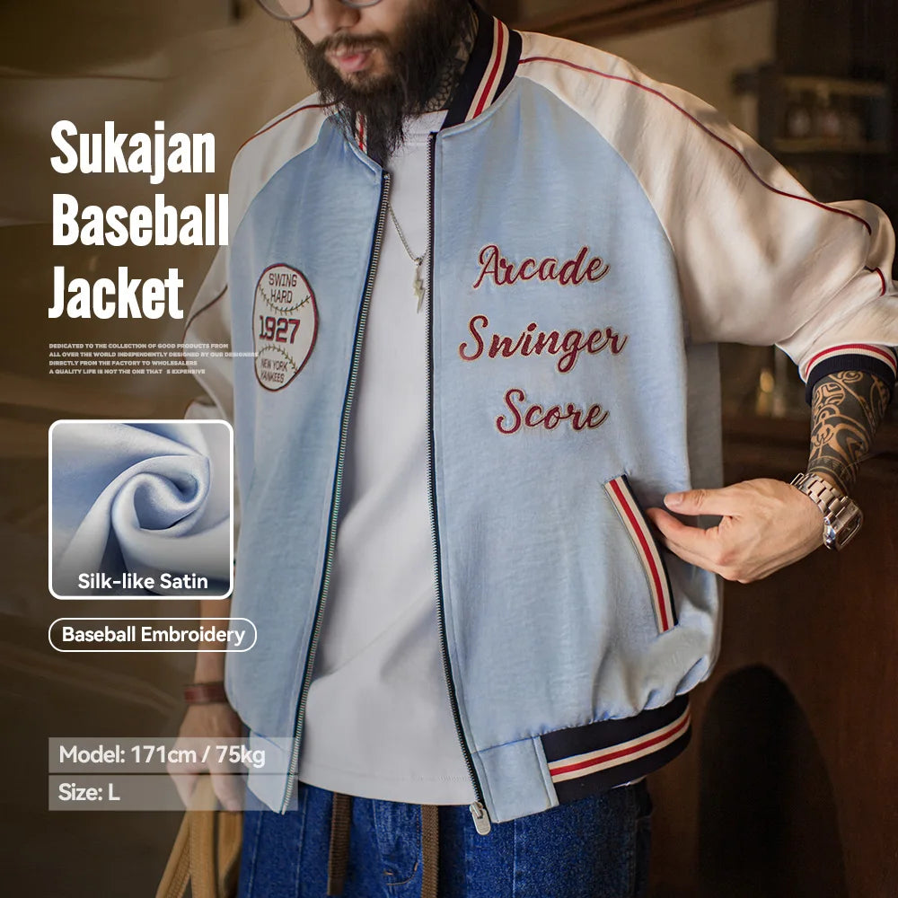 Maden Men Vintage Embroidered Souvenir Jacket Satin Contrast Baseball Bomber Outwear Short Zip-Up Casual Jacket for Spring Fall