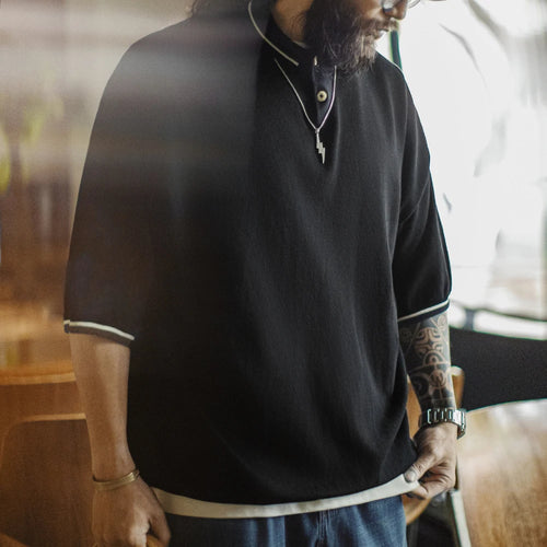 Maden Casual Color-Block Striped Short Sleeve Polo Shirt Men's Summer Black Tee Loose Fit Business Tee Breathable Office Tops