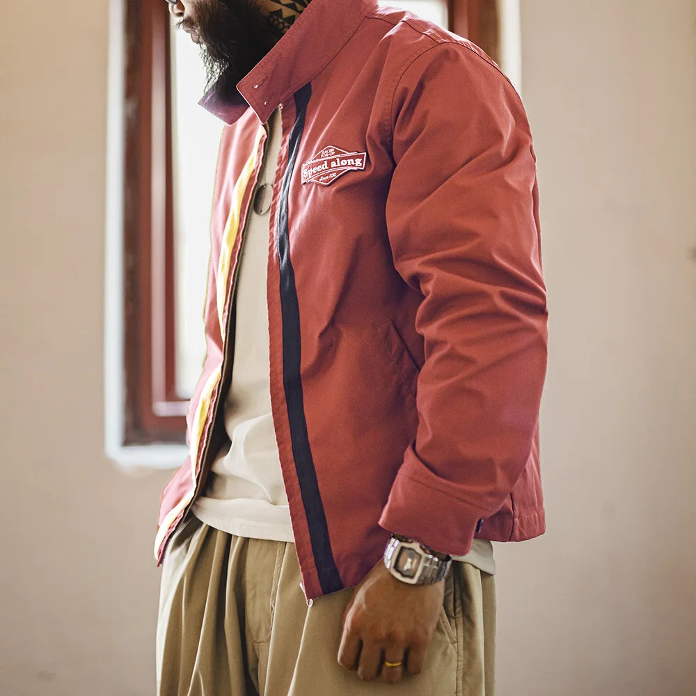 Maden New Retro 60's Contrasting Racing Jacket Stand-up Collar Sporty and Casual Zippered Outerwear for Men's Versatile Jackets