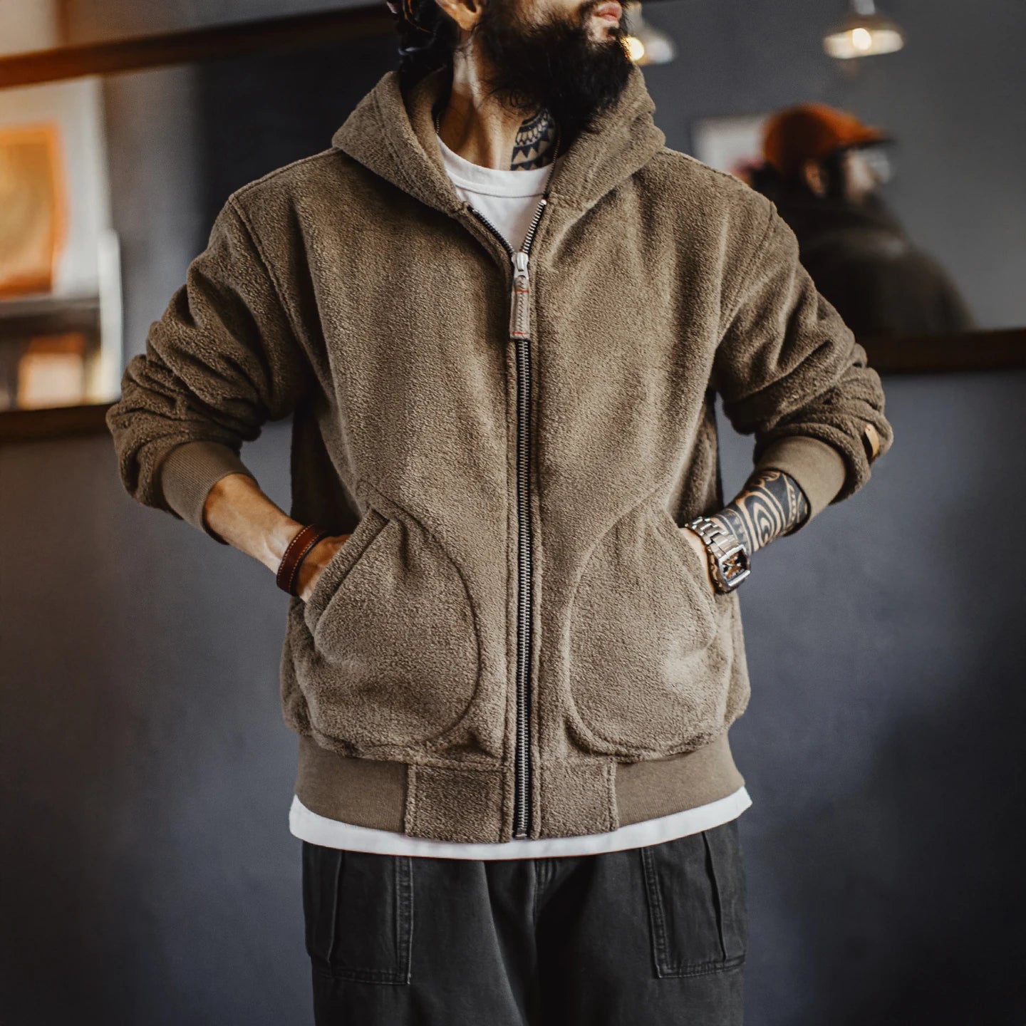 Maden Men’s Khaki Fleece Zip Hoodie Jacket Winter Thick Warm Plush Sherpa Lined Daily Casual Coat