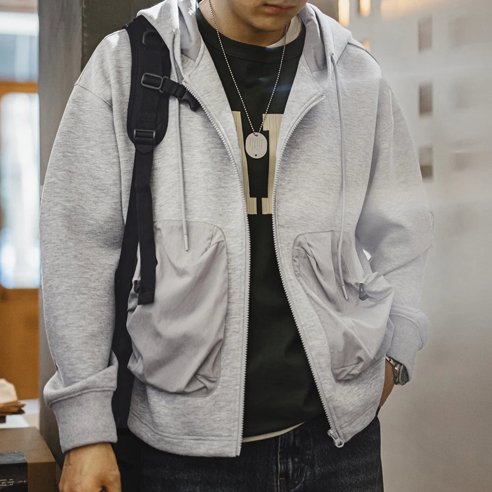 Maden Casual Patchwork Pocket Hooded Zip-up Sweatshirt Jacket Gray Versatile Outerwear for Men's Autumn and Winter Sports Coat