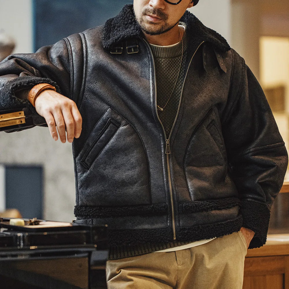Maden Vintage B3 Bomber Jacket Faux Leather Jacket Fleece-lined Thickened Warm Motorcycle Solid-color Outerwear for Men's Winter