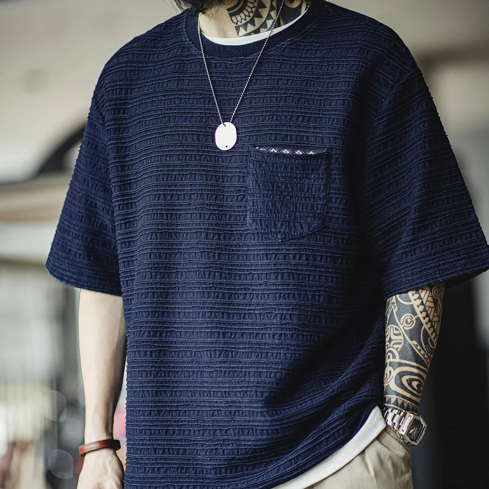 Maden Retro Indigo Knitted Jacquard Wave Pattern Textured T-shirt Loose Fit Solid Color Short-sleeved Tee for Men's Summer Tops