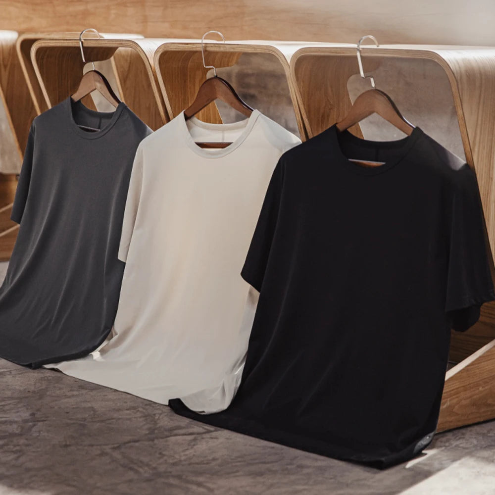 Maden Men's Cooling Quick-Dry Short-sleeved T-Shirt High Elastic Solid Color Crew Neck Relaxed Fit Sports & Casual Summer Top