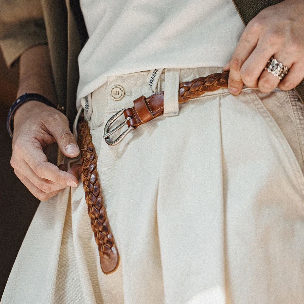 Maden Vintage Woven Vegetable Tanned Cowhide Leather Belt Accessories with Two-layer Cowhide for Men's Versatile Brown Belt