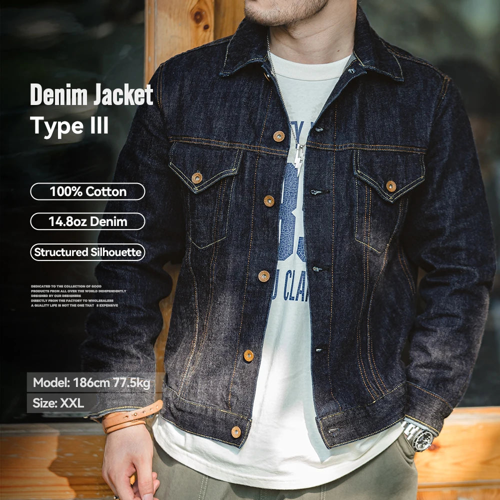 Maden Vintage 14.8oz Washed Denim Type III Jacket Classic Solid Slim Fit Coat Cotton Denim Jacket for Men Spring and Autumn Tops