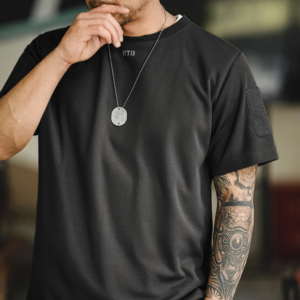 Maden Men's Short Sleeve T-Shirts with Badge attaching Design Breathable Sweat wicking Training Tees Casual Tops for Summer