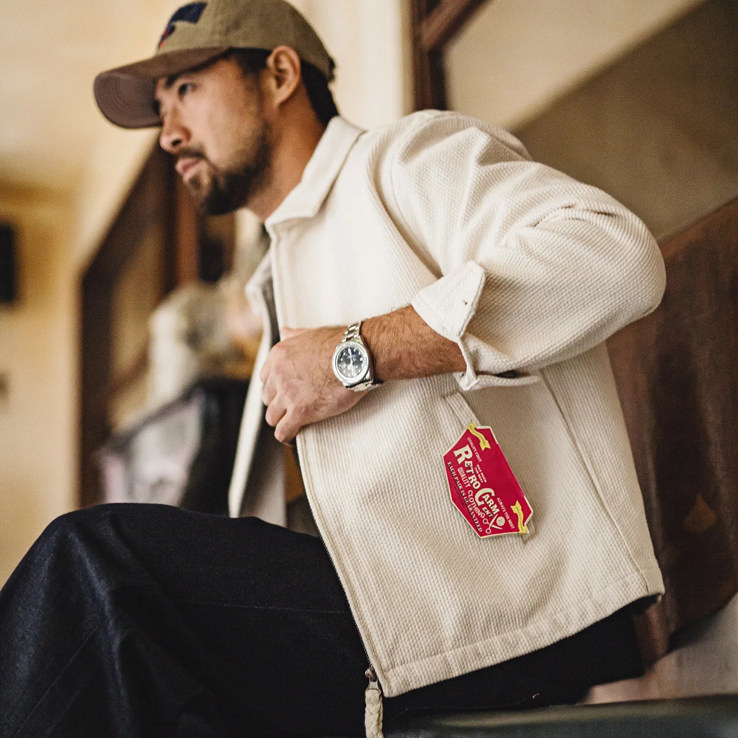 Maden Men's Vintage White Jacket Heavyweight Cotton Turn-Down Collar Zip-Up Short Outwear Canvas Fitted Fit Spring Autumn Coat