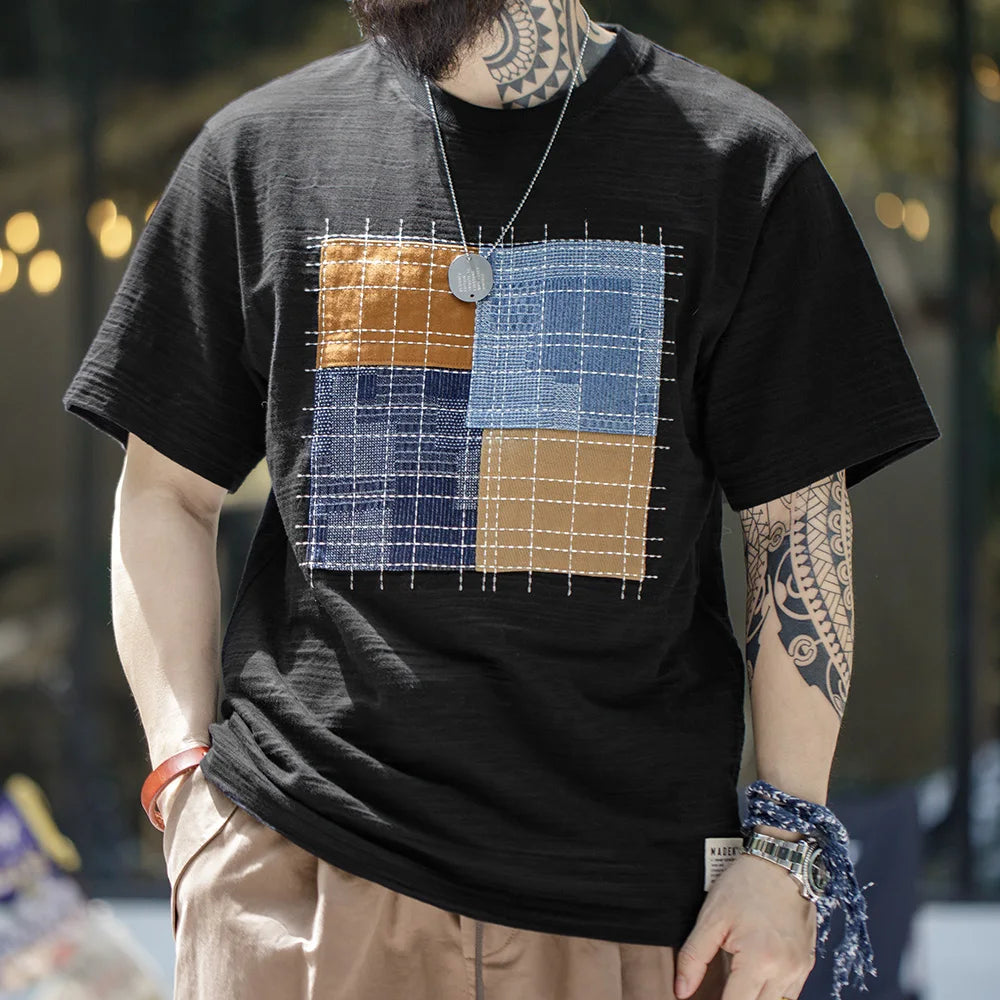 Maden Vintage Color-Block Patchwork Short Sleeve T-Shirt Men's Summer Slub Cotton Breathable Round Neck Tee Casual Street Tops
