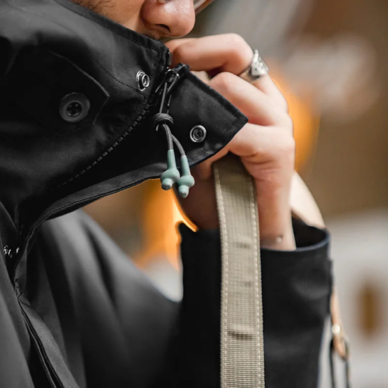 Maden Outdoor Sports Hooded Jacket for Men Black Windbreaker Motorcycle Style Mid-length with Multi-pockets Coat for Autumn