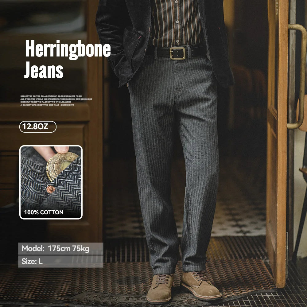 Maden Retro 12.8oz Grey Striped Jeans Straight Fit Zip Fly with Pockets Versatile Herringbone Trousers for Men's Spring and Fall