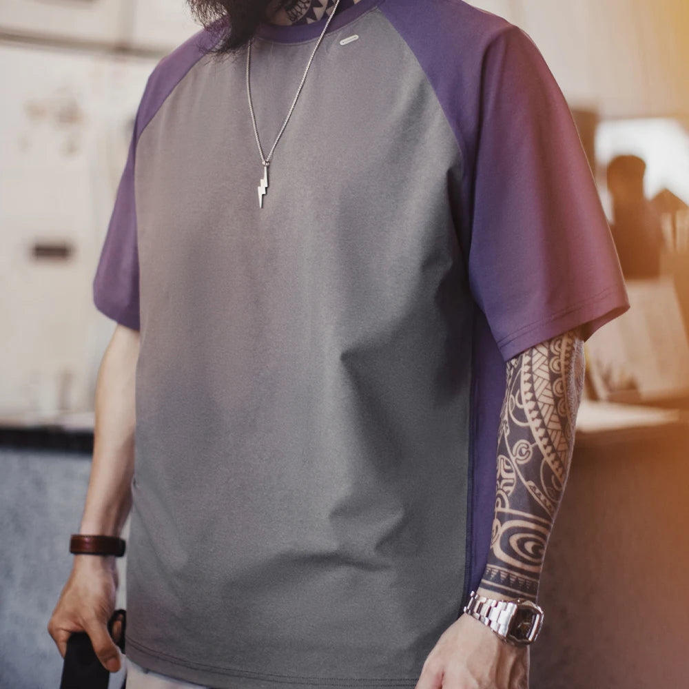 Maden Color-Block Cool-Touch Short Sleeves T-Shirt Men's Summer Quick-Dry Running Tee with UPF Protection Loose Crew Neck Tops