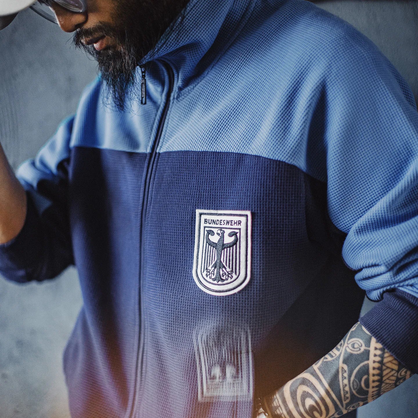 Maden Men's Vintage Contrast Navy Blue Jacket Waffle Knit Training Jacket Breathable Stand Collar Outwear for Spring Fall