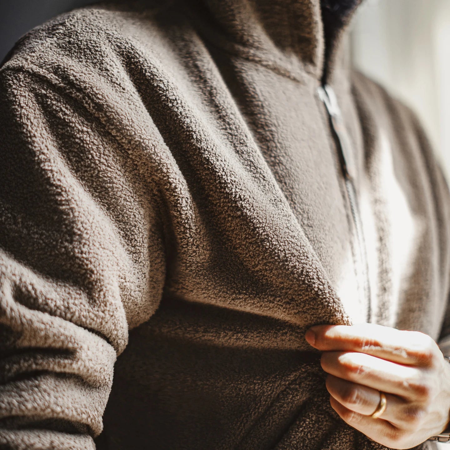 Maden Men’s Khaki Fleece Zip Hoodie Jacket Winter Thick Warm Plush Sherpa Lined Daily Casual Coat