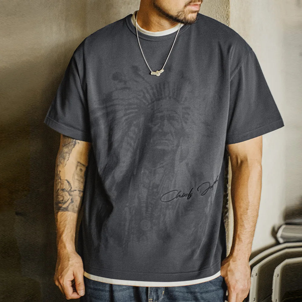 Maden Vintage Navajo Print Short Sleeve T-Shirt Men's Summer Heavyweight Cotton Tee Letter Embroidered Loose Fit Crew Neck Tops